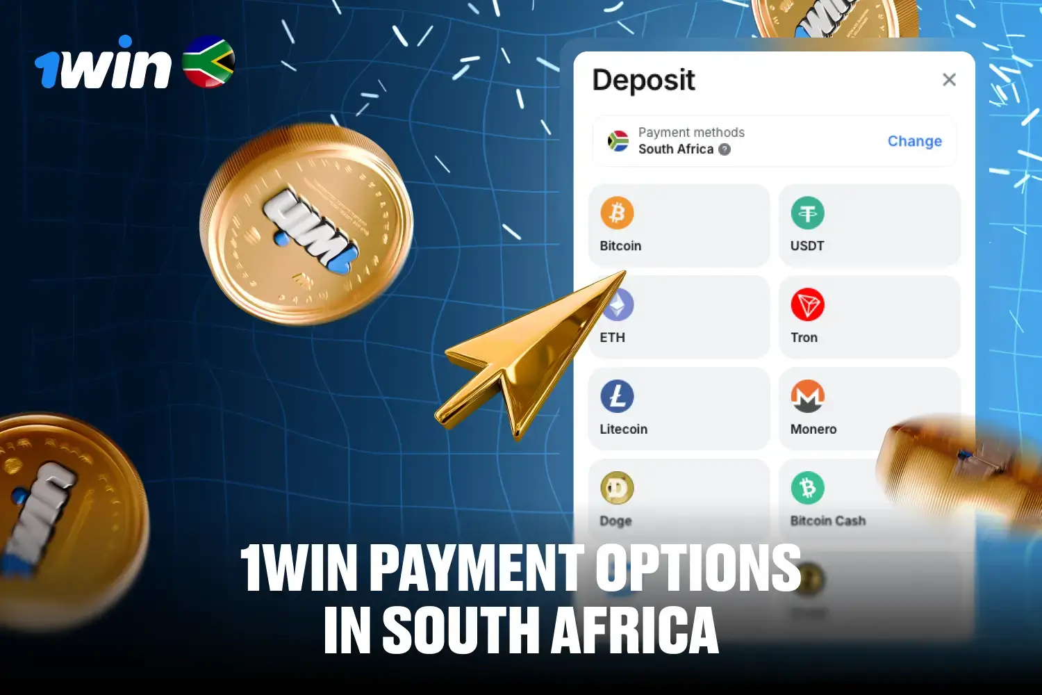 Supported payment methods on the 1win app including local South African options
